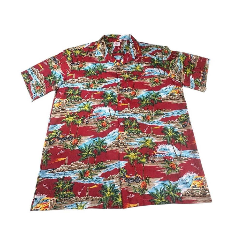 Kalena Fashions of Hawaii Mens Sz XL Hawaiian Shirt Surf Palm Trees Beach Red